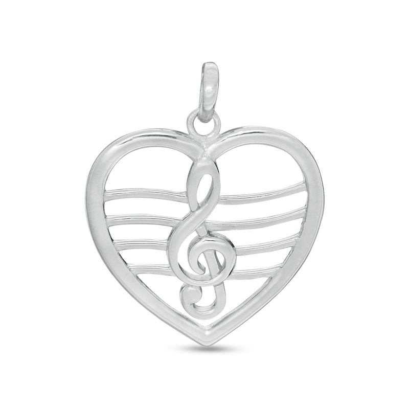 Heart with Clef Note Symbol Necklace Charm in Sterling Silver