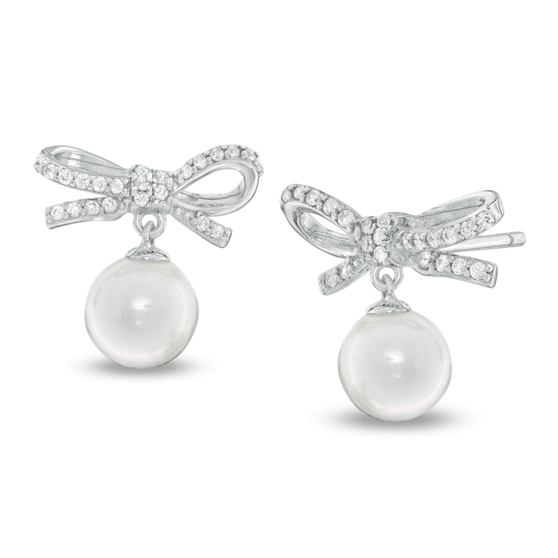 7mm Cultured Freshwater Pearl and Cubic Zirconia Bow Drop Earrings in Sterling Silver