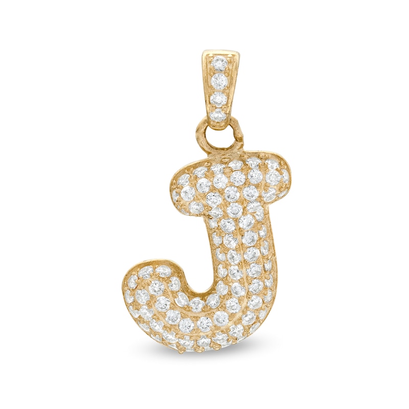 Cubic Zirconia Puffed "J" Necklace Charm in 10K Semi-Solid Gold