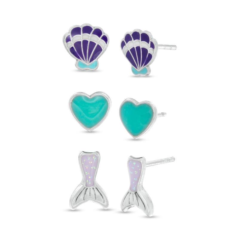 Child's Multi-Color Enamel Mermaid Theme Stud Earrings Set in Sterling Silver
