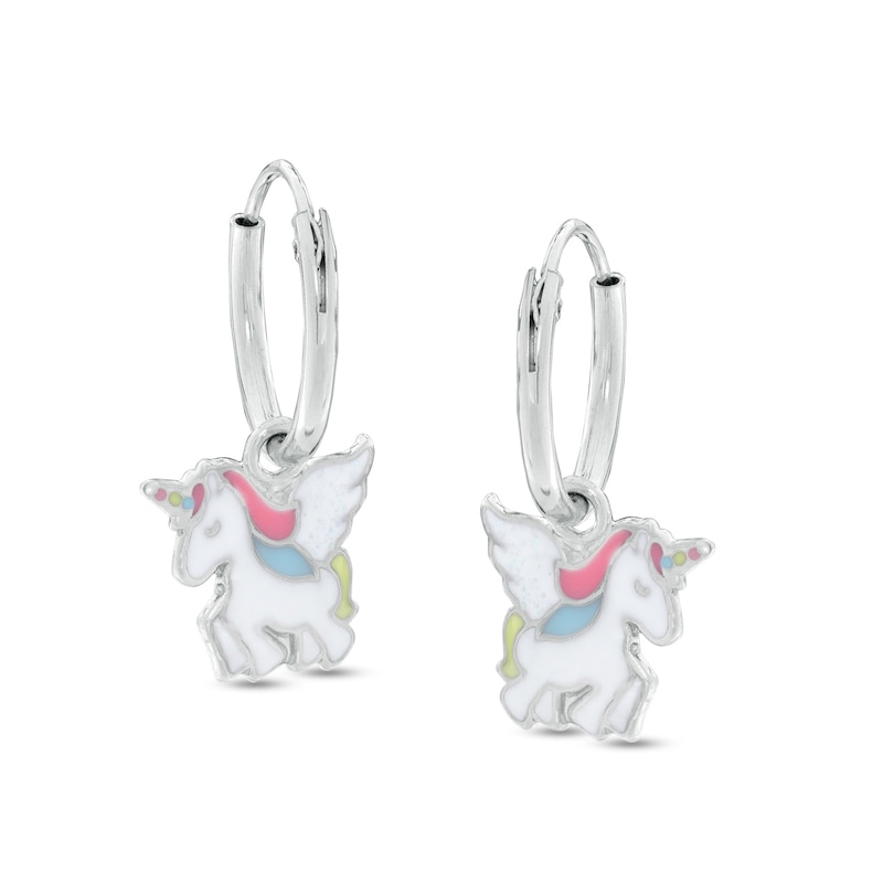 Child's Multi-Color Enamel Unicorn Dangle Hoop Earrings in Sterling Silver