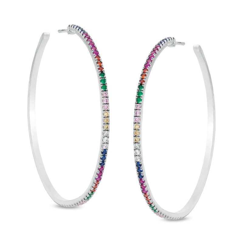 50mm Multi-Color Cubic Zirconia Rainbow Hoop Earrings in Sterling Silver