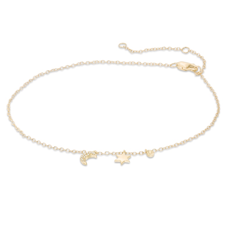 10K Gold Diamond Accent Crescent Moon and Star Dangle Anklet