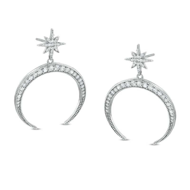 Cubic Zirconia Crescent Moon and North Star Drop Earrings in Sterling Silver