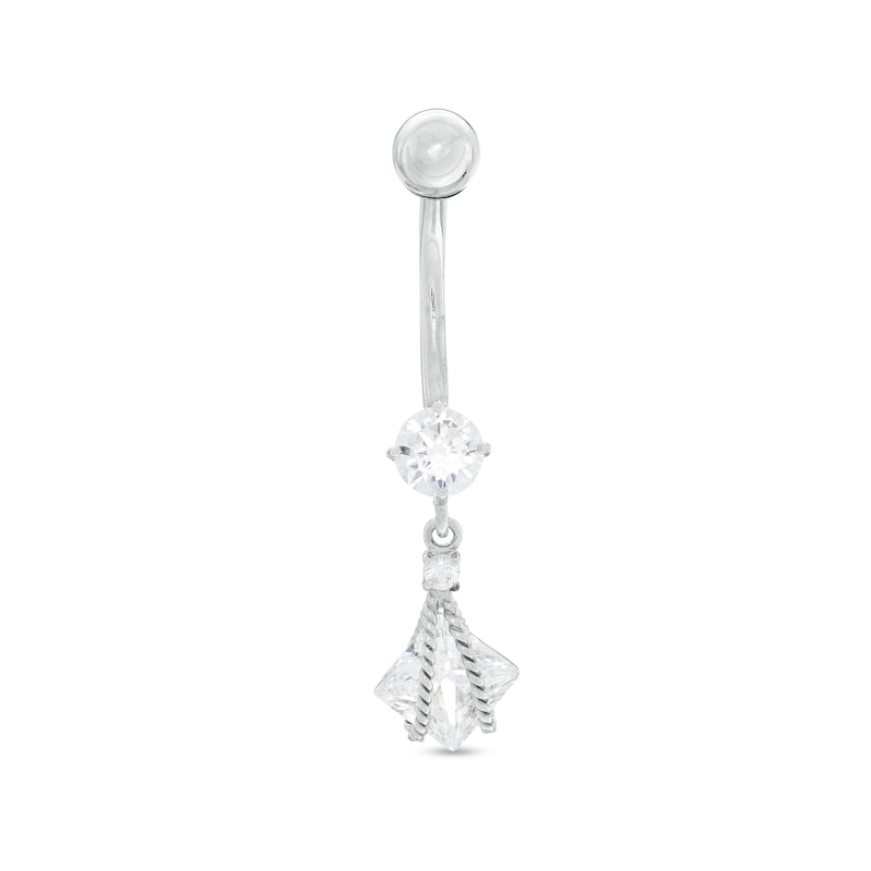 10K Semi-Solid White Gold CZ Square and Round Flower Rope Dangle Belly Button Ring - 14G
