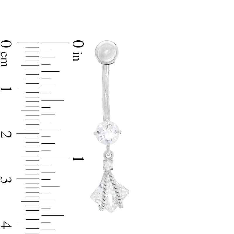 10K Semi-Solid White Gold CZ Square and Round Flower Rope Dangle Belly Button Ring - 14G