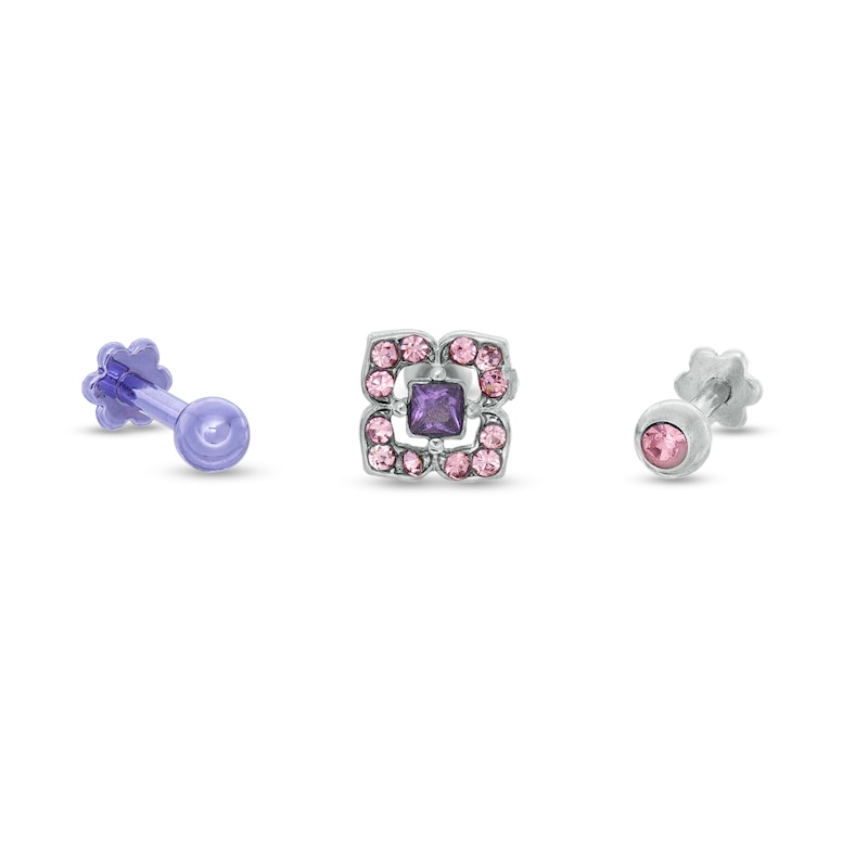 018 Gauge Princess-Cut Purple and Round Pink Cubic Zirconia Cartilage Barbell Set in Stainless Steel and Purple IP