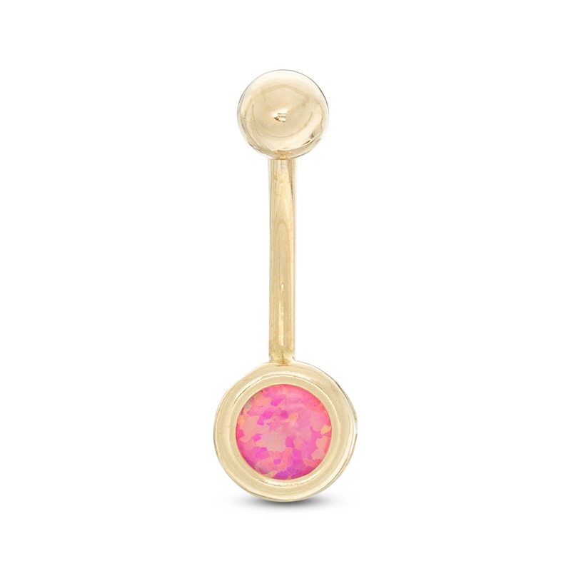 014 Gauge Pink Simulated Opal Bezet-Set Belly Button Ring in 10K Gold