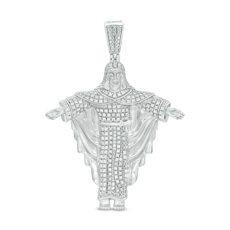 Cubic Zirconia Open Arm Jesus Necklace Charm in Sterling Silver