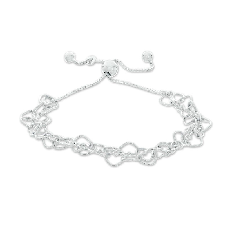 Double Strands Heart Chain Bolo Bracelet in Sterling Silver - 8.5"