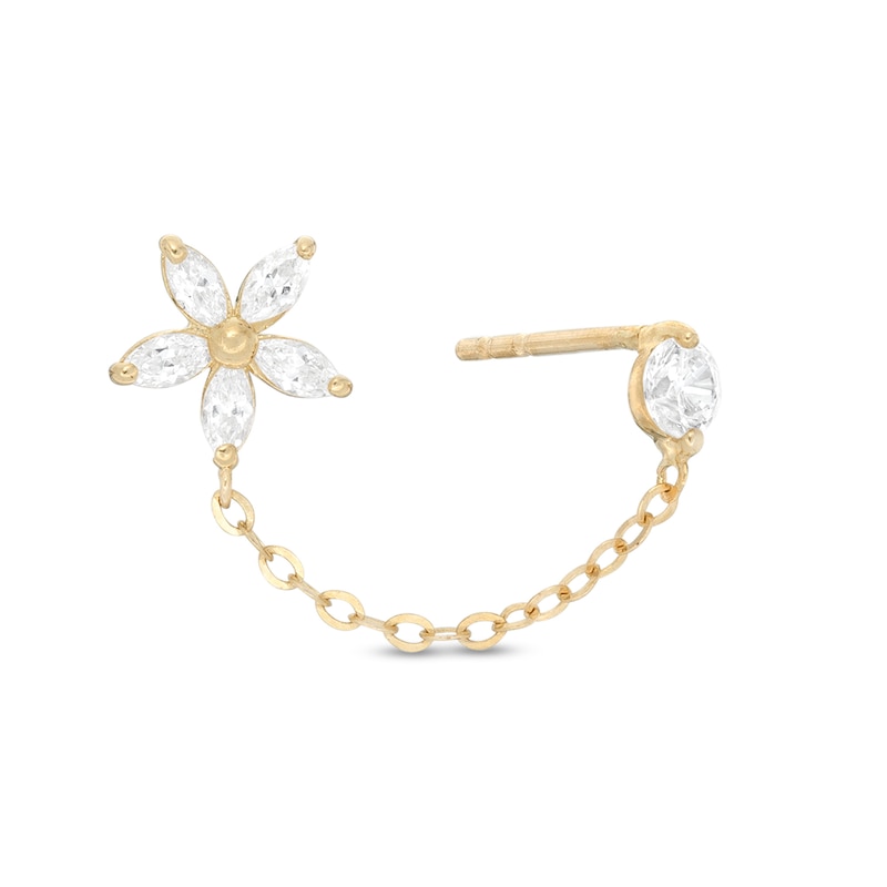 Round and Marquise Cubic Zirconia Solitaire Stud with Flower Cuff Chain Single Earring in 10K Gold
