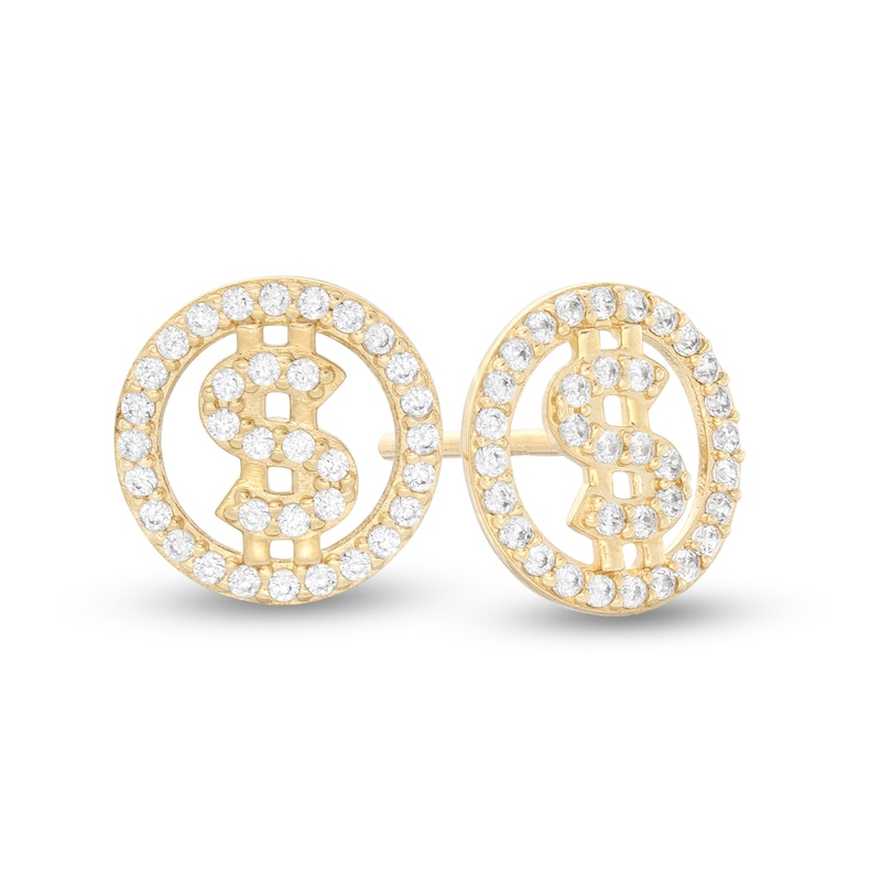 Cubic Zirconia Dollar Sign Circle Frame Stud Earrings in 10K Gold