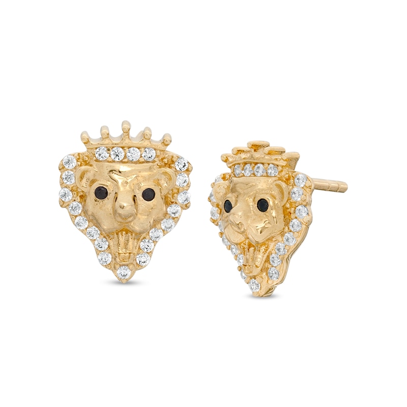 Cubic Zirconia Lion Head with Crown Stud Earrings in 10K Gold