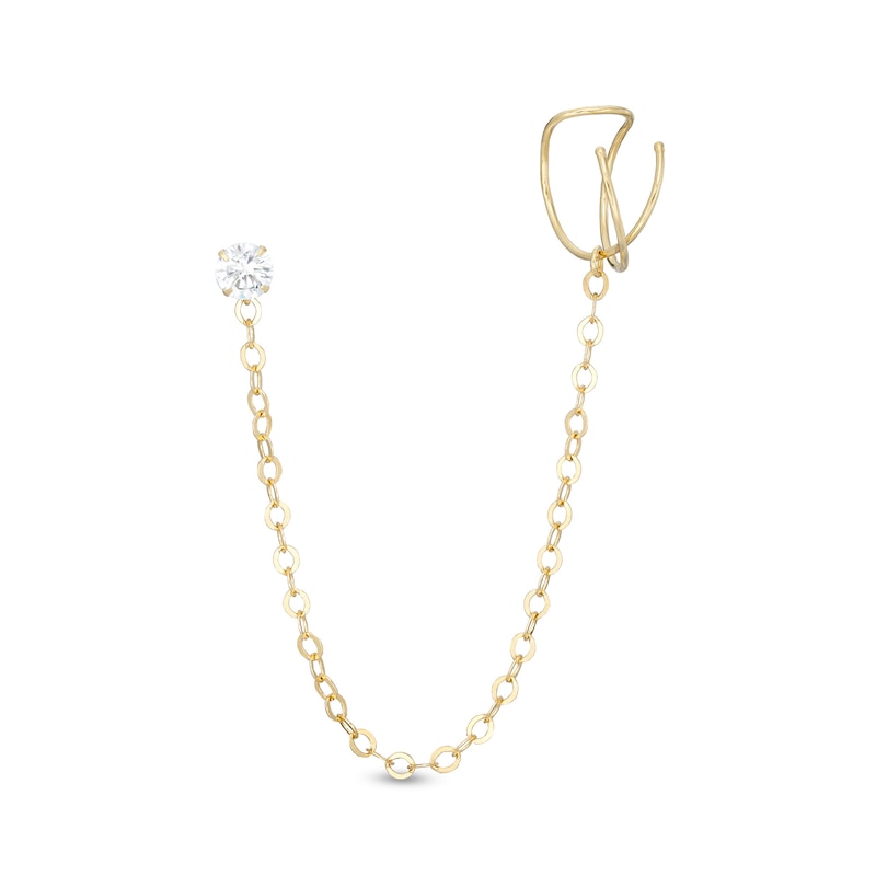4mm Cubic Zirconia Solitaire Stud with Orbit Cuff Chain Single Earring in 10K Gold
