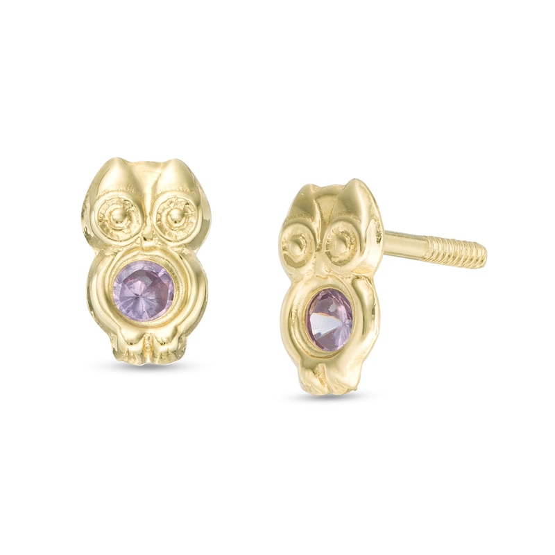Child's Purple Cubic Zirconia Owl Stud Earrings in 10K Gold