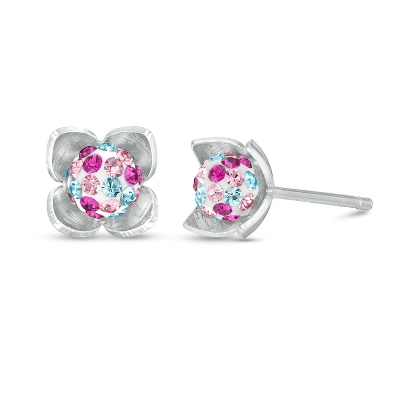 Child's Simulated Blue, Pink and Purple Crystal Cluster Flower Stud Earrings in Sterling Silver