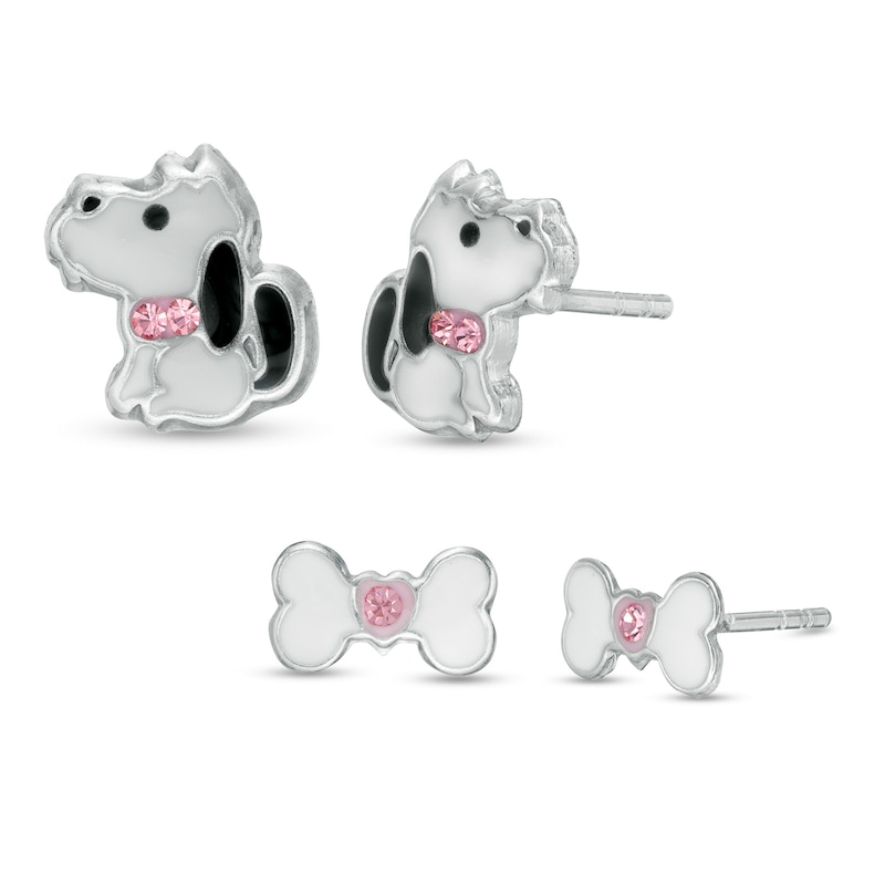 Child's Simulated Pink Crystal and Enamel Dog and Bone Stud Earrings Two Piece Set in Sterling Silver