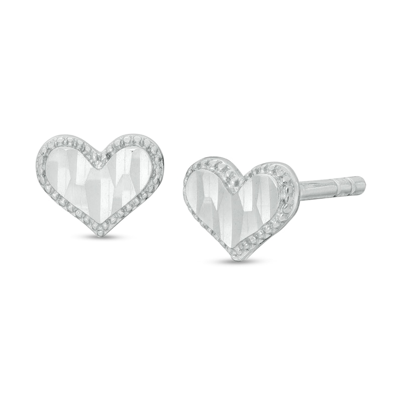 Child's Diamond-Cut Beaded Frame Heart Stud Earrings in Sterling Silver