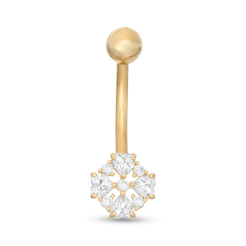 014 Gauge 3mm Heart-Shaped and Round Cubic Zirconia Clover Belly Button Ring in 10K Gold