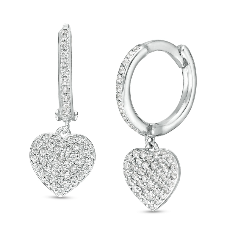 Cubic Zirconia Composite Heart Dangle Huggie Hoop Earrings in Sterling Silver