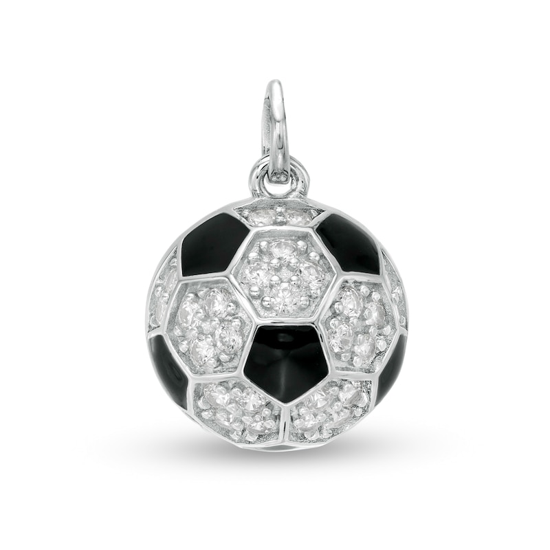 Cubic Zirconia and Black Enamel Soccer Ball Necklace Charm in Sterling Silver