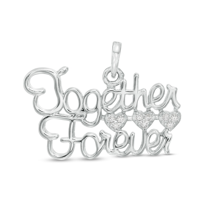 Cubic Zirconia Cursive "Together Forever" Triple Heart Necklace Charm in Sterling Silver