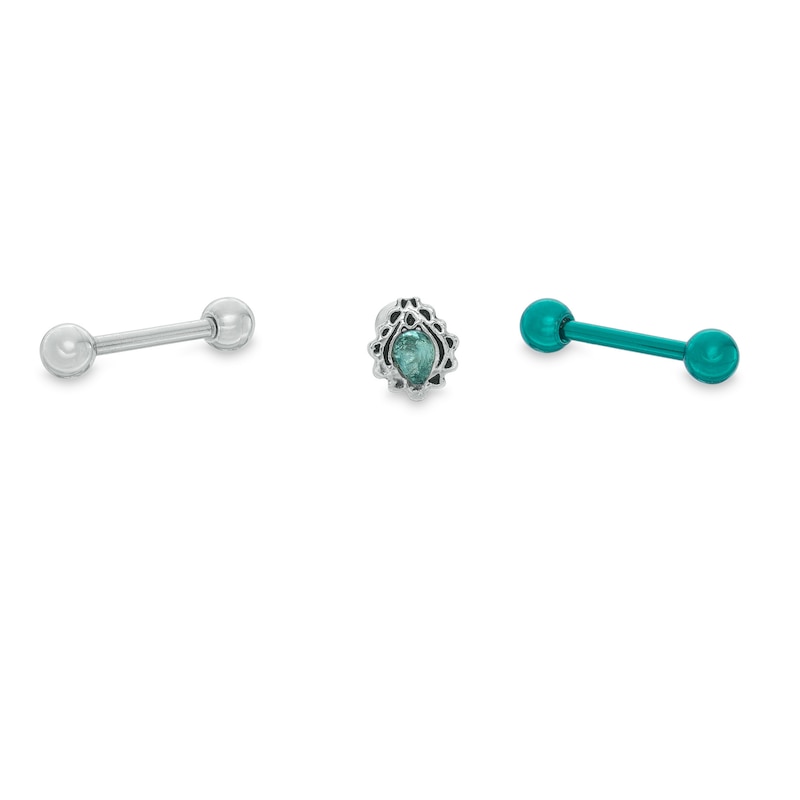 018 Gauge Marquise Teal Cubic Zirconia Teardrop Ball Three Piece Cartilage Barbell Set in Stainless Steel and Teal IP