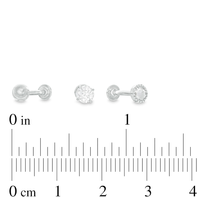018 Gauge 4mm Cubic Zirconia and Ball Three Piece Cartilage Barbell Set in Stainless Steel