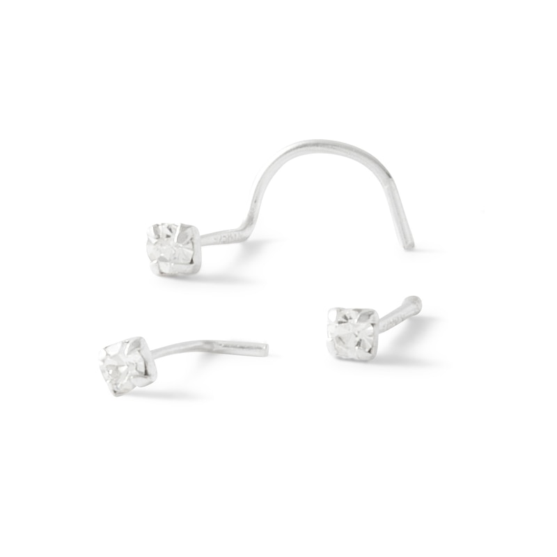 Semi-Solid Stainless Steel CZ Three Piece Nose Stud Set - 22G