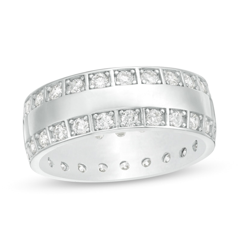 Cubic Zirconia Border Triple Row Eternity Band in Sterling Silver - Size 10