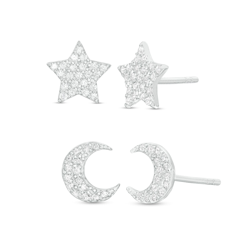 Cubic Zirconia Crescent Moon and Star Stud Earrings Set in Sterling Silver