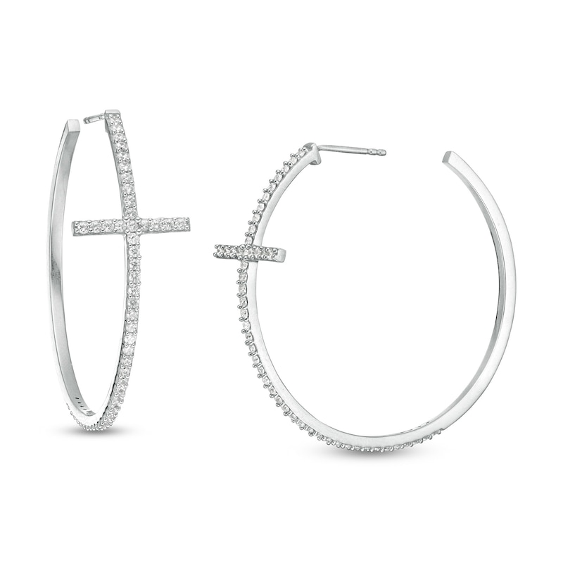 Cubic Zirconia Cross Hoop Earrings in Sterling Silver