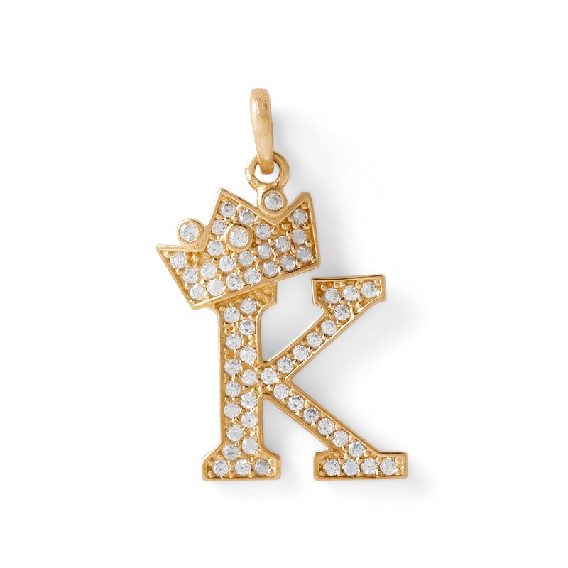 Cubic Zirconia "K" Initial with Tilted Crown Necklace Charm in 10K Solid Gold