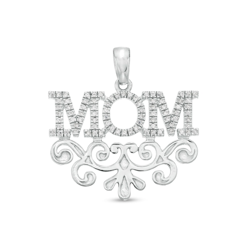 Cubic Zirconia "MOM" Filigree Swirl Necklace Charm in Sterling Silver