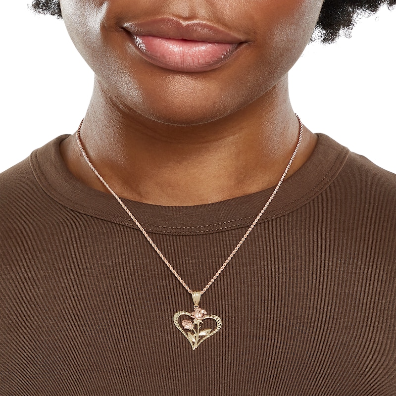 Diamond-Cut Double Rose Heart Necklace Charm in 10K Solid Two-Tone Gold