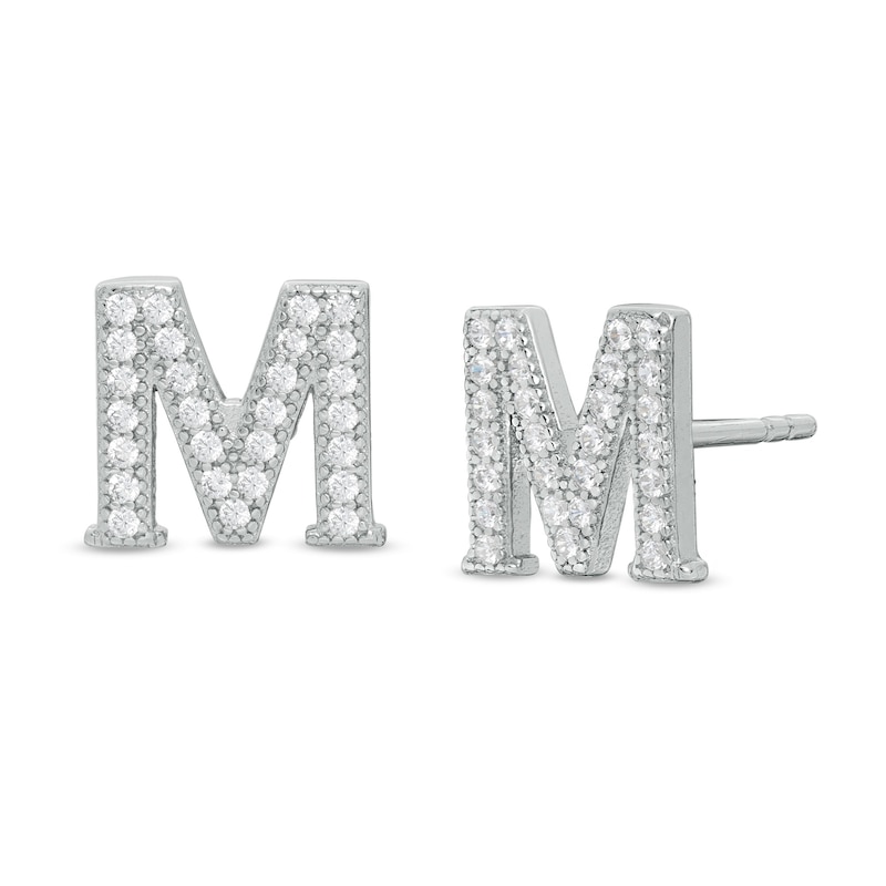 Cubic Zirconia "M" Initial Vintage-Style Stud Earrings in Solid Sterling Silver