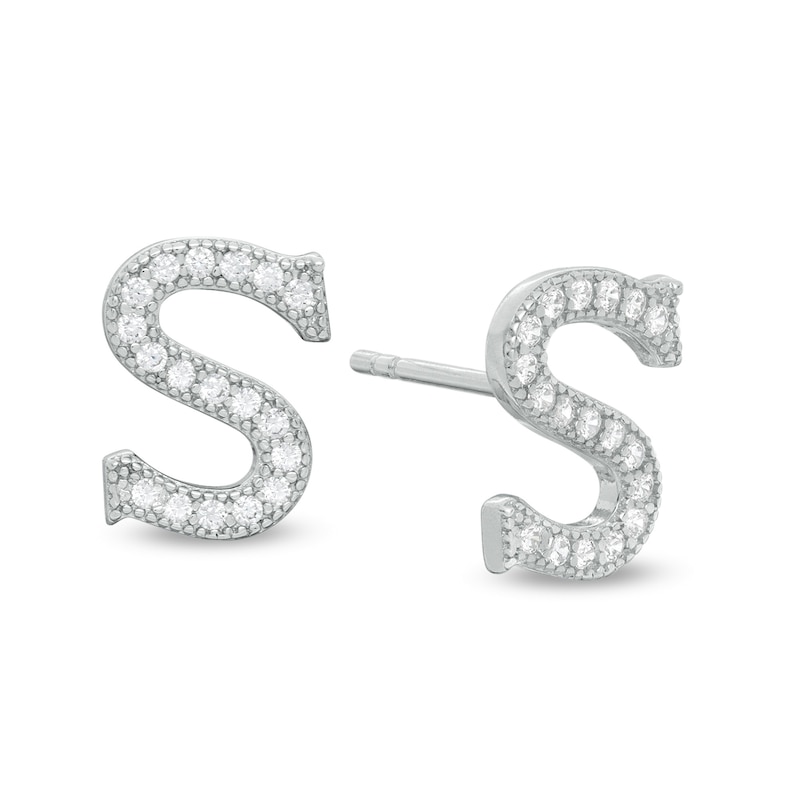 Cubic Zirconia "S" Initial Vintage-Style Stud Earrings in Solid Sterling Silver