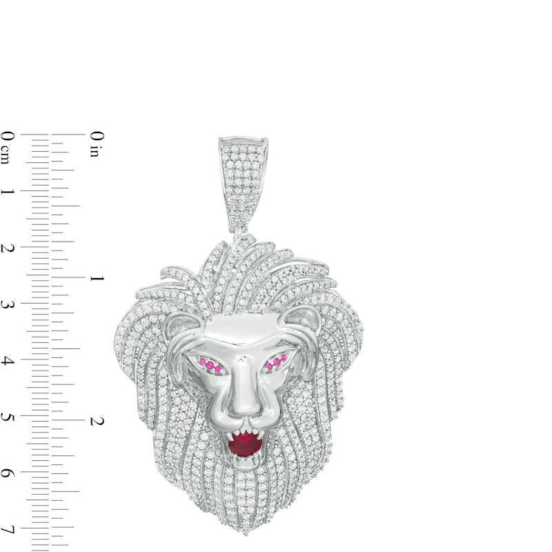 6mm Red and White Cubic Zirconia Lion Head Necklace Charm in Sterling Silver