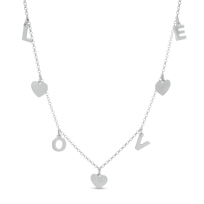 "LOVE" and Heart Disc Alternating Charm Station Anklet in Sterling Silver - 10"