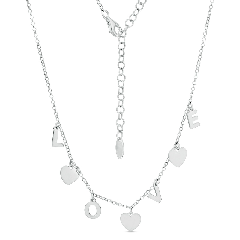 Made in Italy "LOVE" and Heart Disc Alternating Dangle Station Necklace in Sterling Silver - 18"