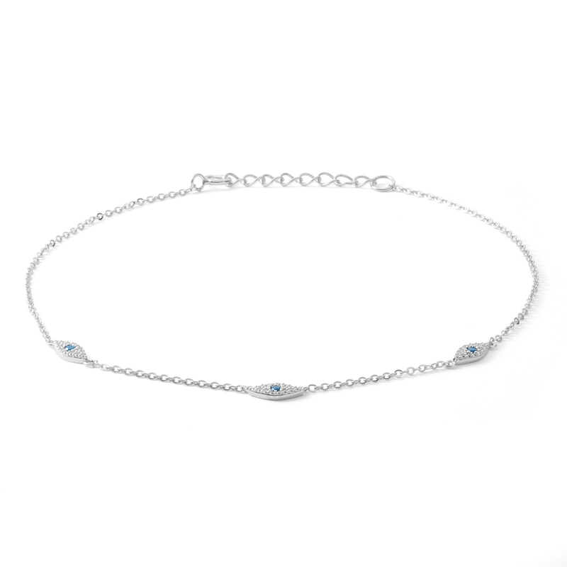 Blue and White Cubic Zirconia Evil Eye Trio Station Anklet in Solid Sterling SIlver - 10"
