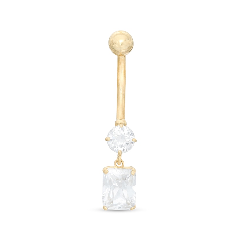 014 Gauge Emerald-Cut and Round Cubic Zirconia Dangle Belly Button Ring in 10K Gold