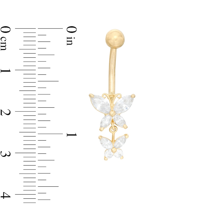 014 Gauge Marquise Cubic Zirconia Double Butterfly Dangle Belly Button Ring in 10K Gold