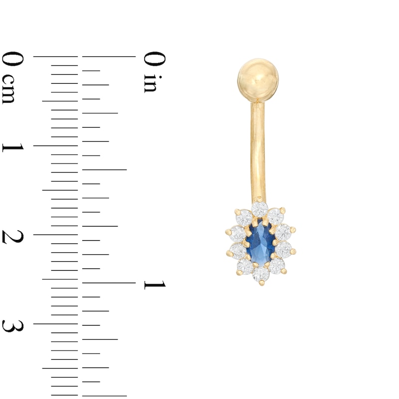 014 Gauge Oval Blue and Round White Cubic Zirconia Starburst Frame Belly Button Ring in 10K Gold