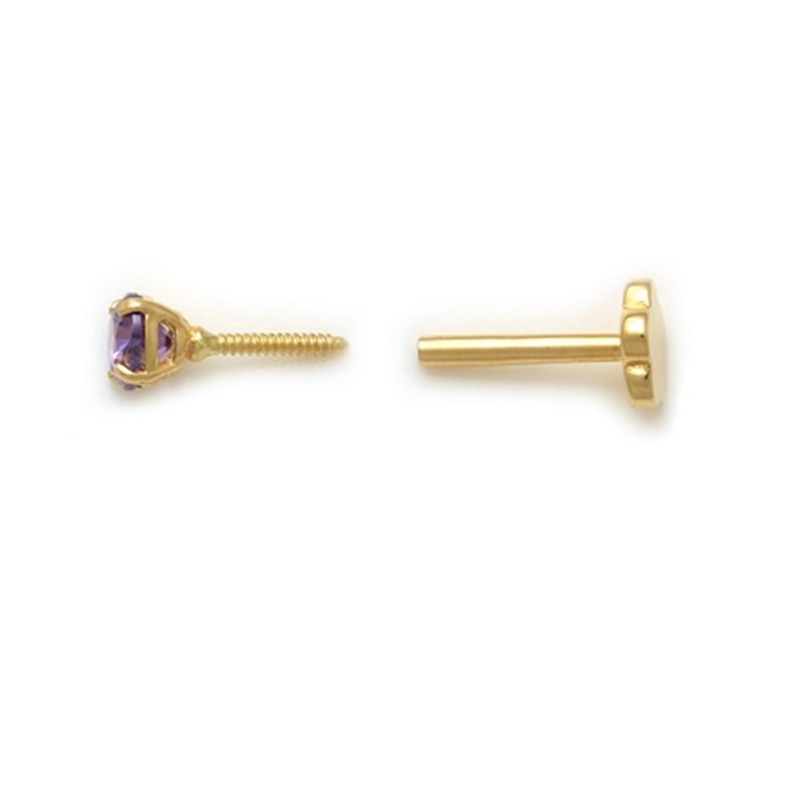 019 Gauge Purple Cubic Zirconia Solitaire Cartilage Barbell in 14K Gold