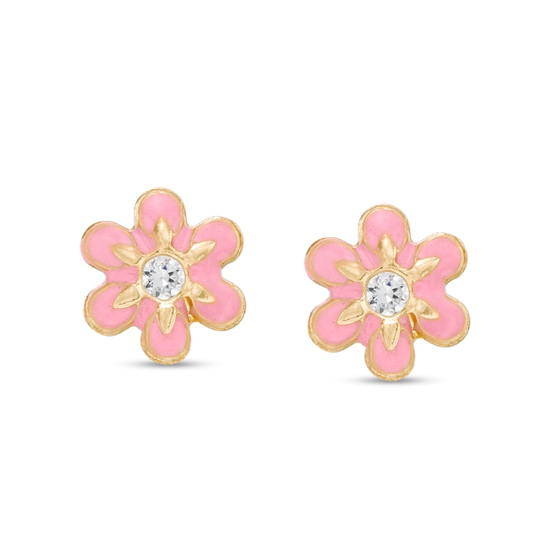 Child's Cubic Zirconia Pink Enamel Flower Stud Earrings in 10K Gold