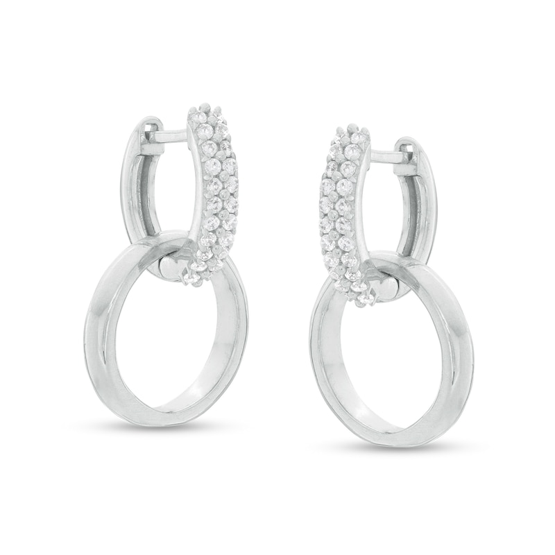 Cubic Zirconia Double Row with Interlocking Circle Dangle 8.5mm Huggie Hoop Earrings in Sterling Silver