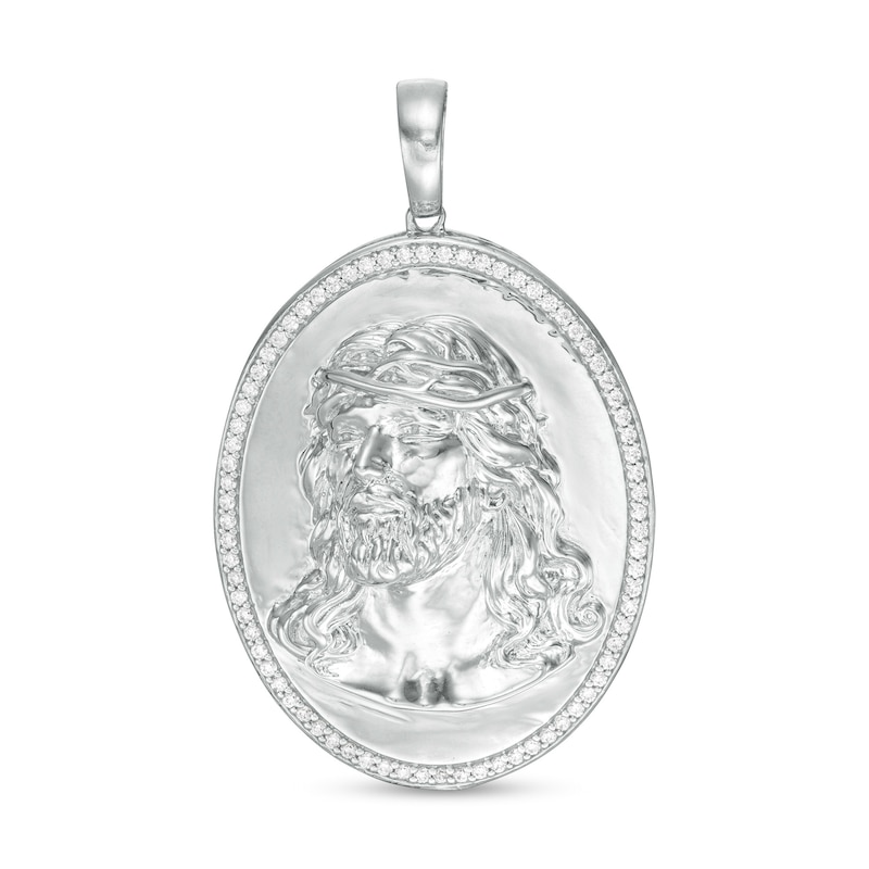 Cubic Zirconia Frame Jesus Head Oval Medallion Necklace Charm in Sterling Silver
