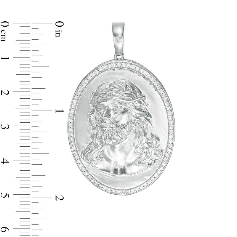 Cubic Zirconia Frame Jesus Head Oval Medallion Necklace Charm in Sterling Silver