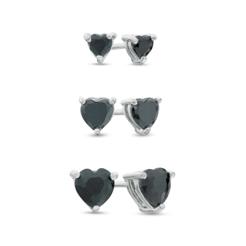 Heart-Shaped Black Cubic Zirconia Graduated Three Pair Stud Earrings Set in Sterling Silver